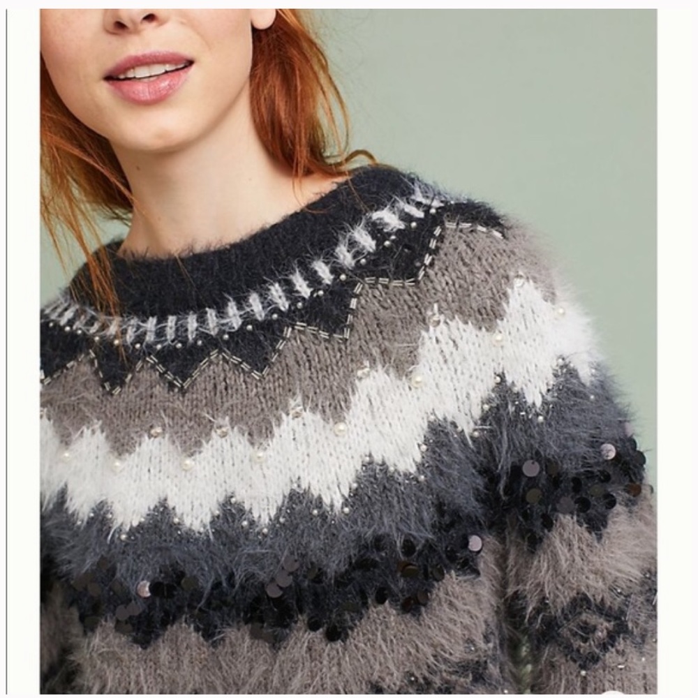 -Anthropology Sleeping On Snow Beaded Fair Isle Fuzzy Sweater size xs - Picture 2 of 6